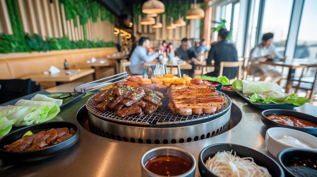 A sizzling tabletop grill with bulgogi (marinated beef) and samgyeopsal (grilled pork belly), surrounded by colorful banchan (side dishes), lettuce wraps, and dipping sauces.