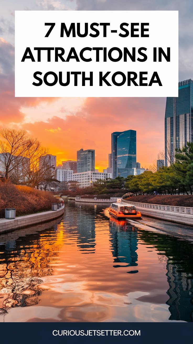A serene sunset view of Songdo Central Park with the canal reflecting the orange hues of the evening sky. Include water taxis and futuristic skyscrapers in the frame. Add overlay text: