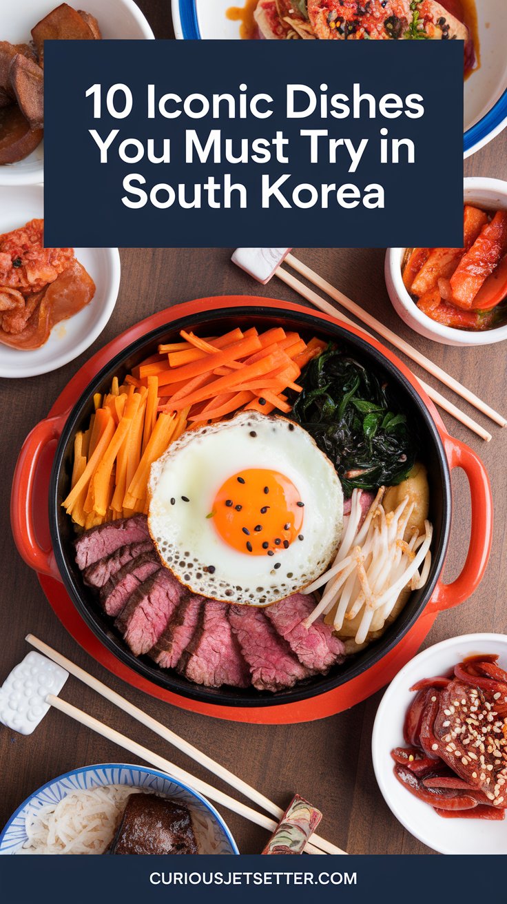 A vibrant, close-up vertical shot of a bibimbap bowl arranged in sections of colorful vegetables (carrots, spinach, and bean sprouts), marinated beef, and a sunny-side-up egg on top. Surround the bowl with chopsticks and small banchan dishes like kimchi for added context.